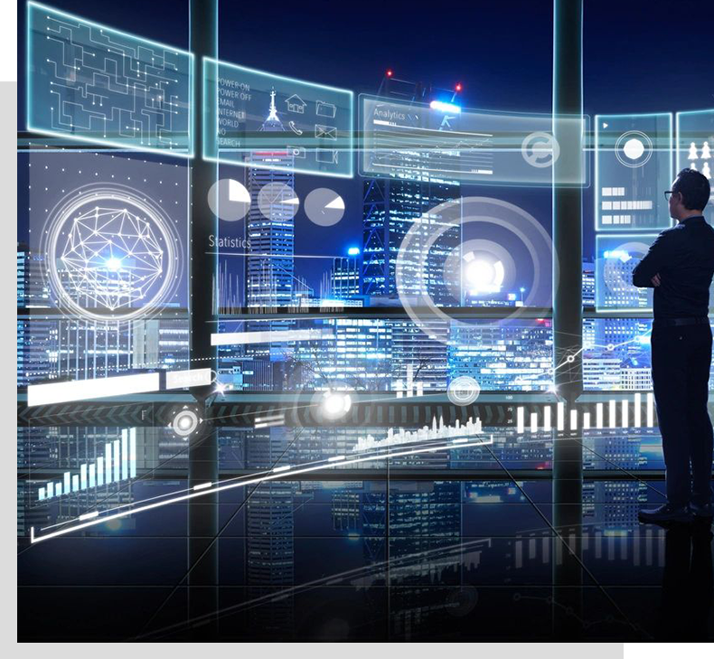 SMRT Solution Consulting Inc. Image of a man with 3-D computer screens